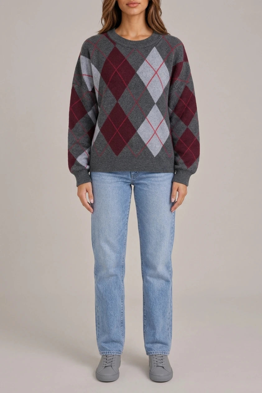 Women’s Argyle Pattern Knit Jumper – Crew Neck Long Sleeve Sweater — variant_front