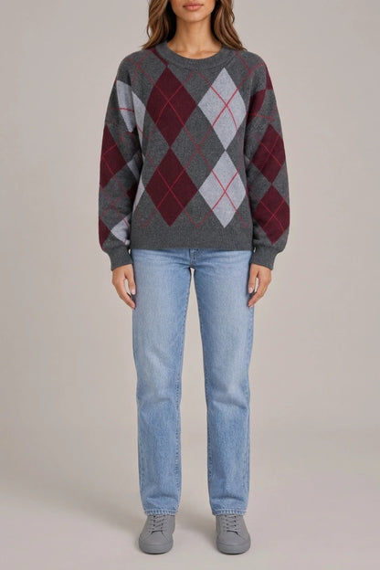 Women’s Argyle Pattern Knit Jumper – Crew Neck Long Sleeve Sweater — variant_front
