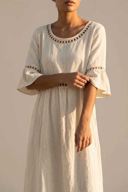 Relaxed Linen Summer Midi Dress with Hollow Out Detail and Flared Sleeves — variant_front