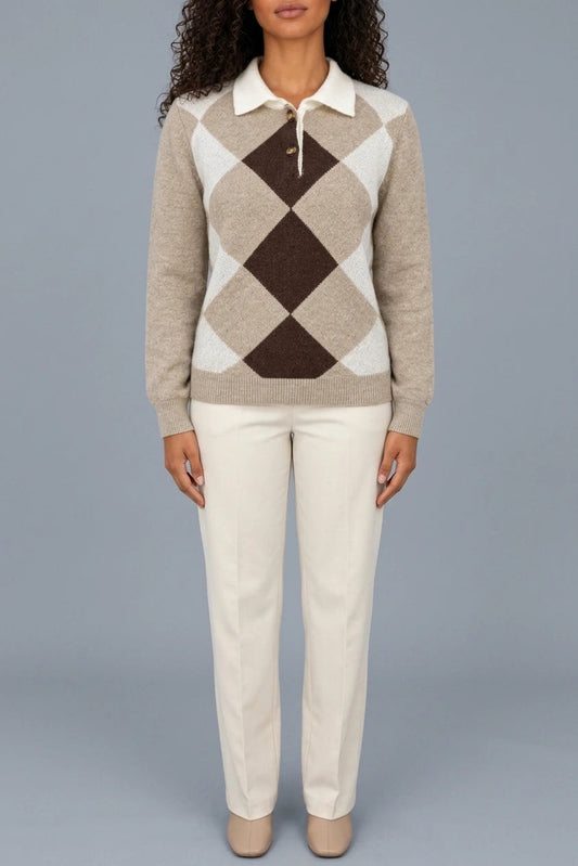 Argyle Collared Jumper Button Neck Long Sleeve Knit Sweater — gallery