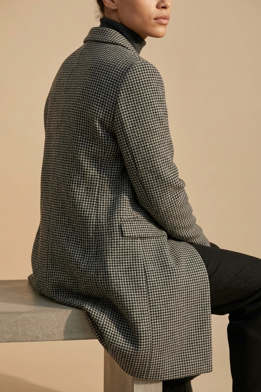 Grey Classic Houndstooth Wool Coat with Printed Lining — variant_front