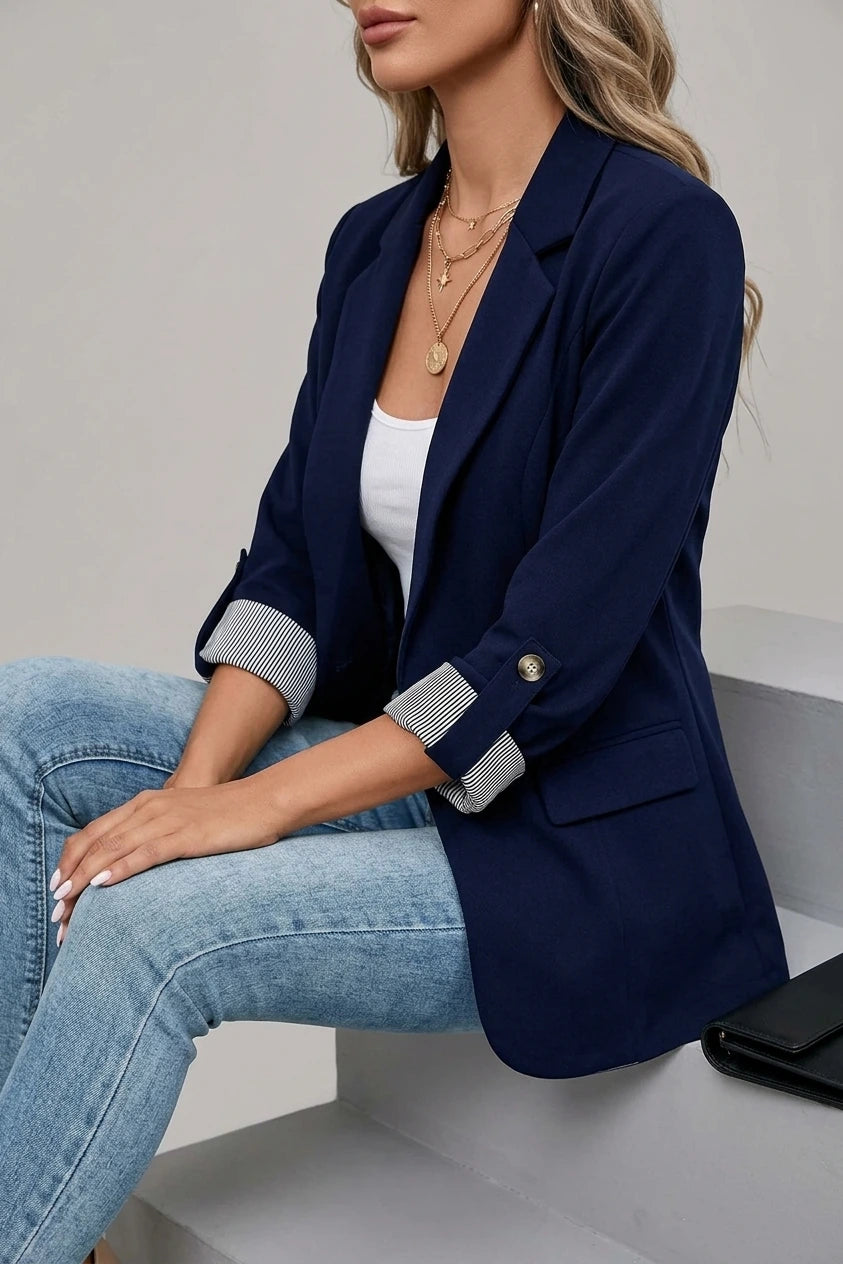Flattering Rolled Sleeves Notched Lapel Buttoned Lightweight Office Casual Jacket Blazer — variant_front