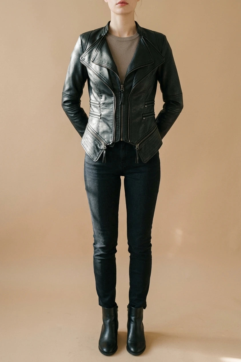 Drune | Damen Schwarze Asymmetrische PU-Leder Bikerjacke — variant_front