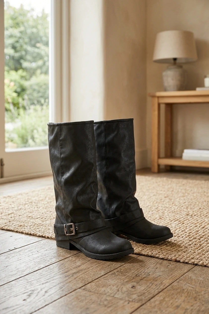 Black Slouch Boots Buckle Strap — variant_front
