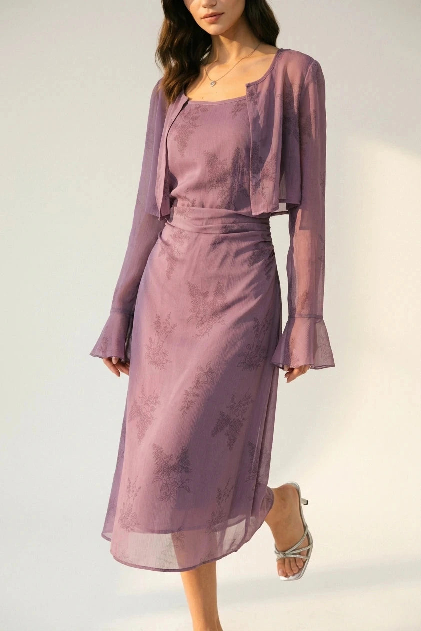 Floral Ruched Slip Midi Dress With Sheer Cropped Jacket
