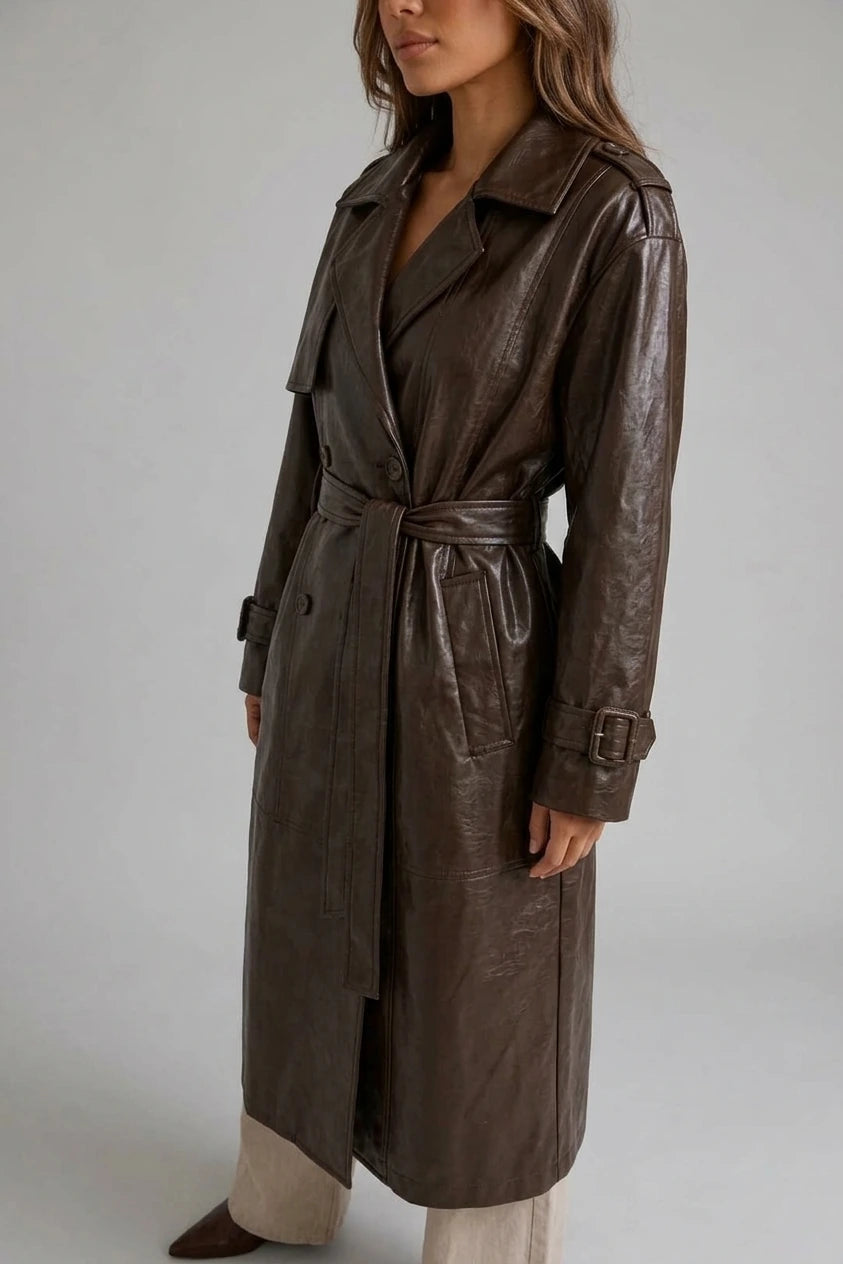 Women’s Leather Look Trench Coat – Long Double Breasted Belted Jacket — variant_front