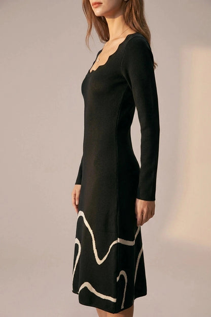 Wave Scalloped Sweater Midi Dress, Scalloped Neck Knit, Long Sleeve