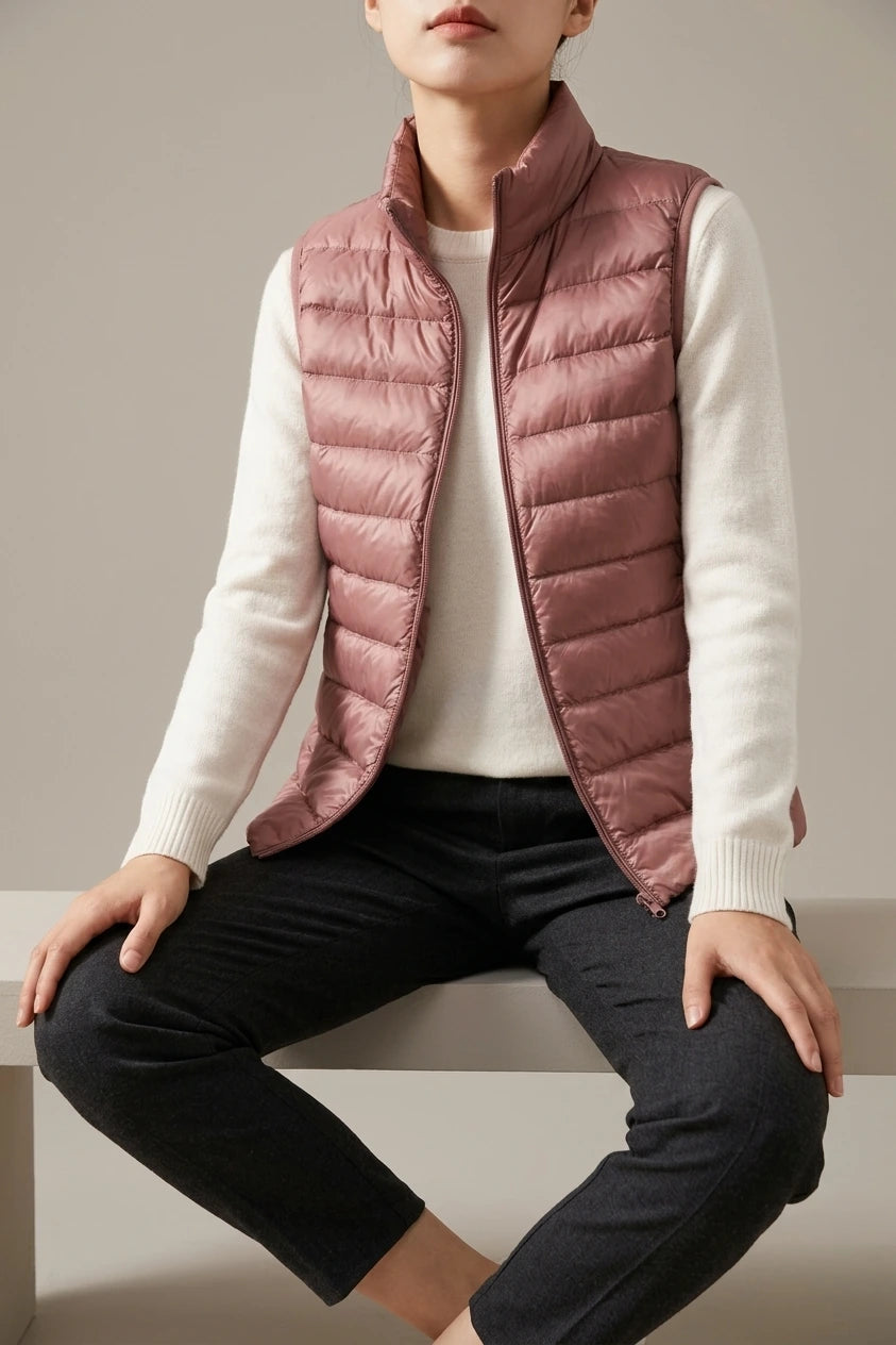 Lightweight Padded Gilet with Stand Collar and Zip Front — variant_front