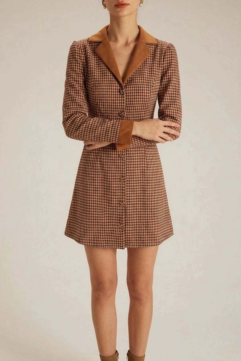 Plaid Spliced Suede Mini Dress With Contrast Collar, Long Sleeves And Button Front