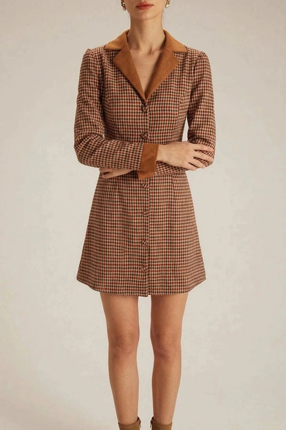 Plaid Spliced Suede Mini Dress With Contrast Collar, Long Sleeves And Button Front