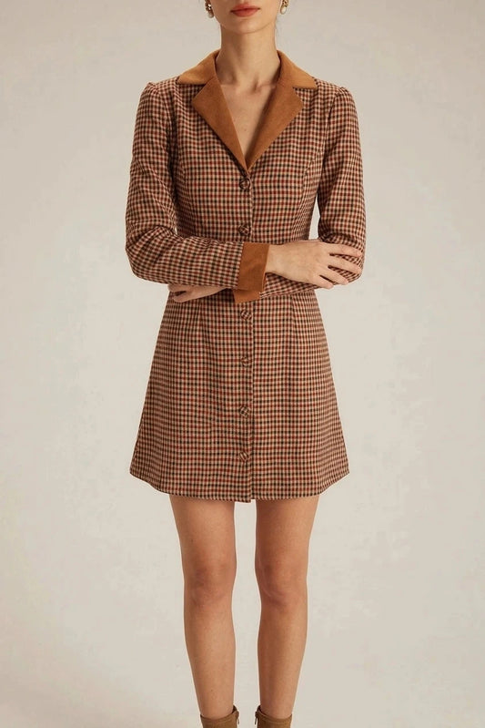 Plaid Spliced Suede Mini Dress With Contrast Collar, Long Sleeves And Button Front