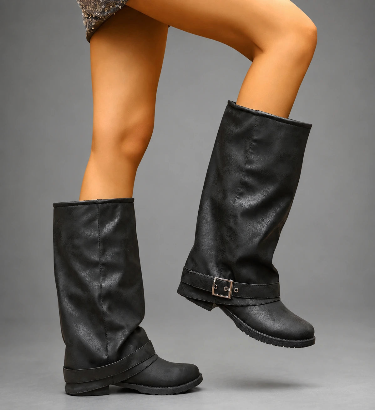 Black Slouch Boots Buckle Strap — variant_front