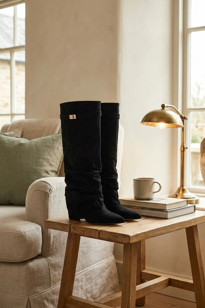 Black Knee High Boots Hidden Heel Design — variant_front