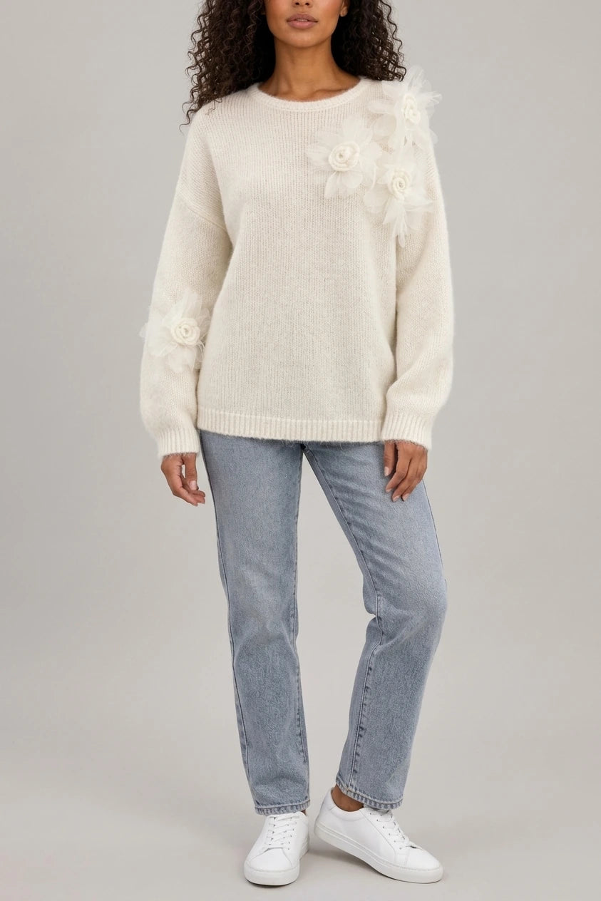 Women’s Floral Knit Jumper – Crew Neck Long Sleeve Sweater with 3D Flower Detail — variant_front