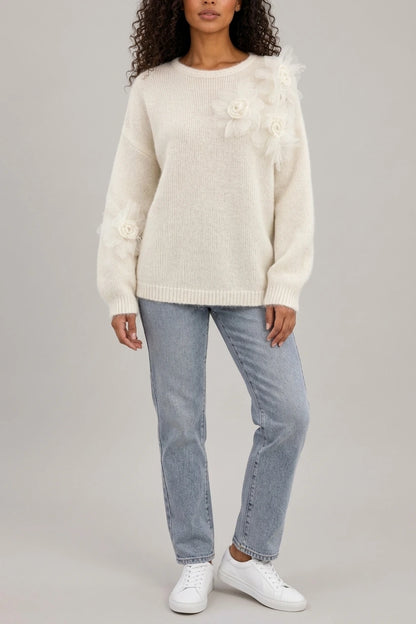 Women’s Floral Knit Jumper – Crew Neck Long Sleeve Sweater with 3D Flower Detail — variant_front