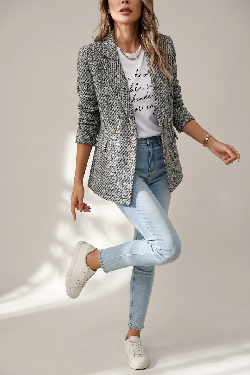 Classic Tailored Tweed Notched Lapel Double Breasted Work Blazer — variant_front