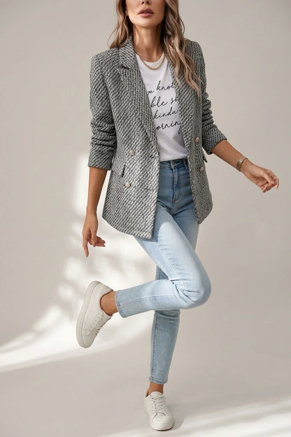 Classic Tailored Tweed Notched Lapel Double Breasted Work Blazer — variant_front
