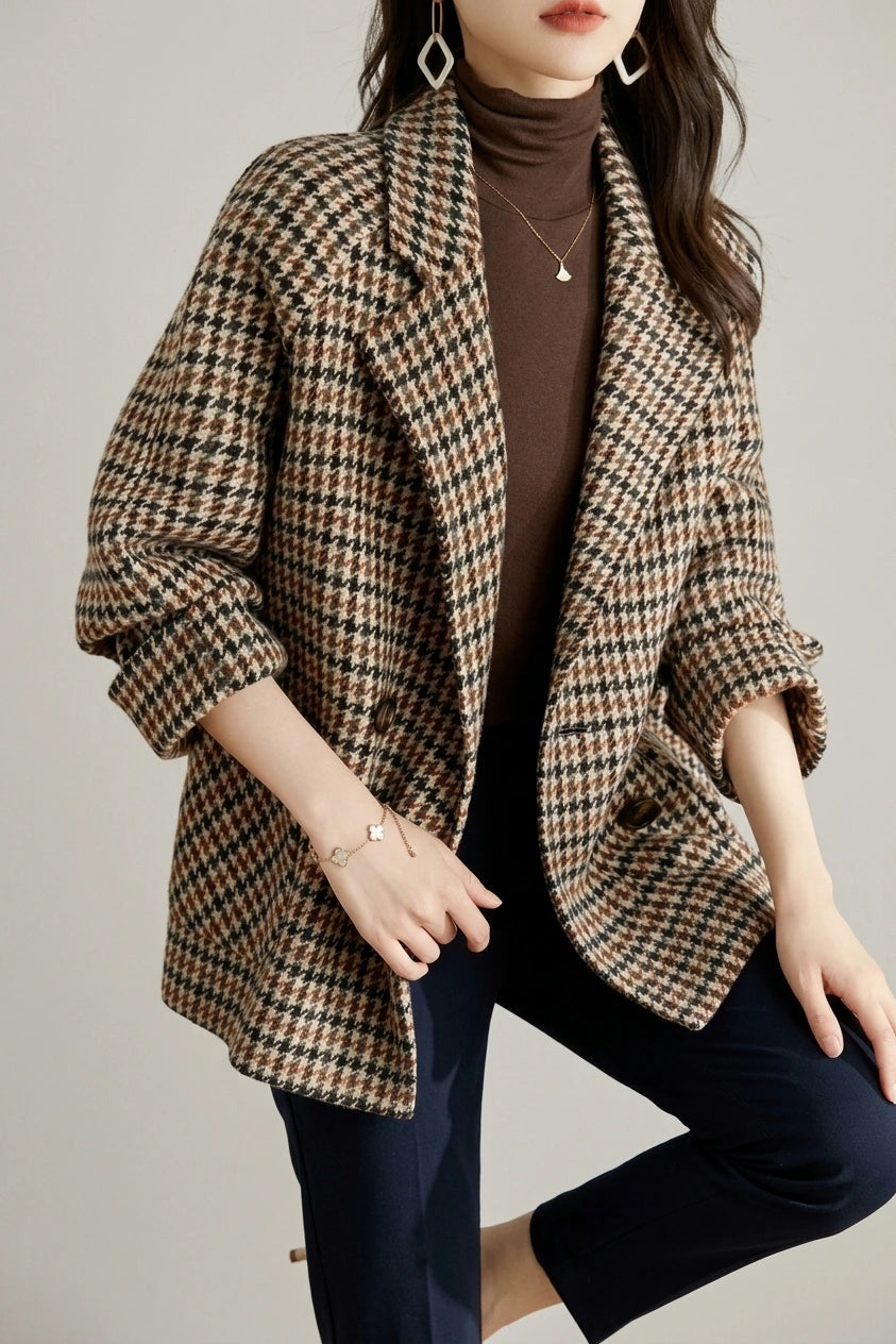 Women's Houndstooth Double-Breasted Blazer Hip-Length — variant_front