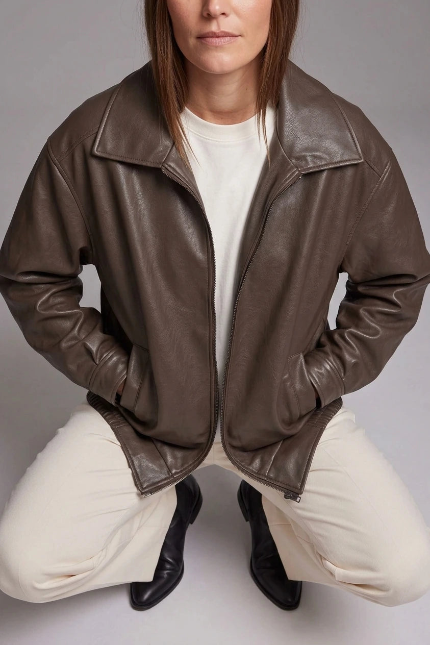 Brown Faux Leather Oversized Bomber Jacket — variant_front