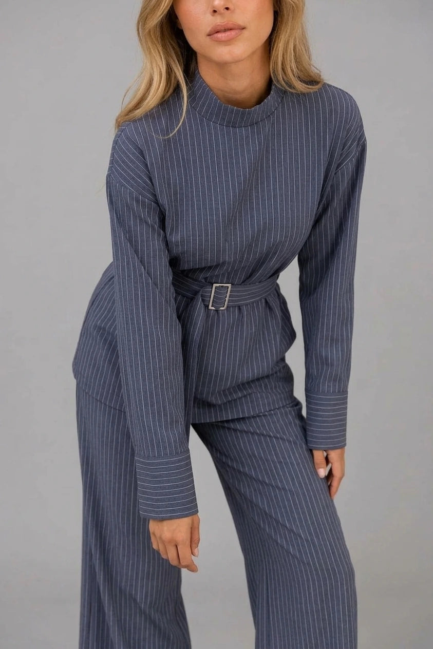 Women’s Pinstripe Two-Piece Set – High Neck Top & Wide Leg Trousers — variant_front