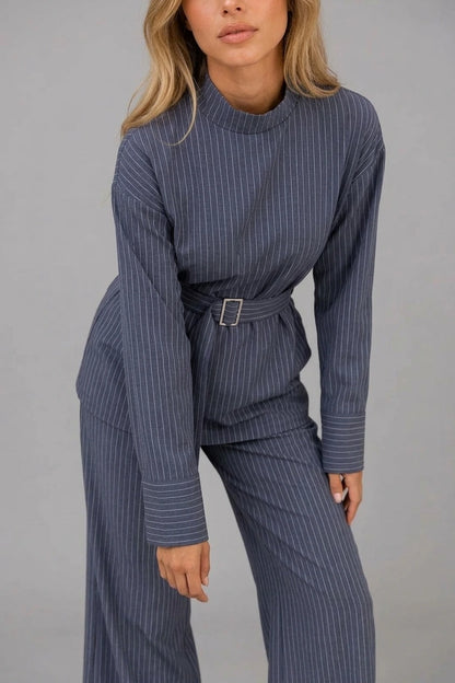 Women’s Pinstripe Two-Piece Set – High Neck Top & Wide Leg Trousers — variant_front