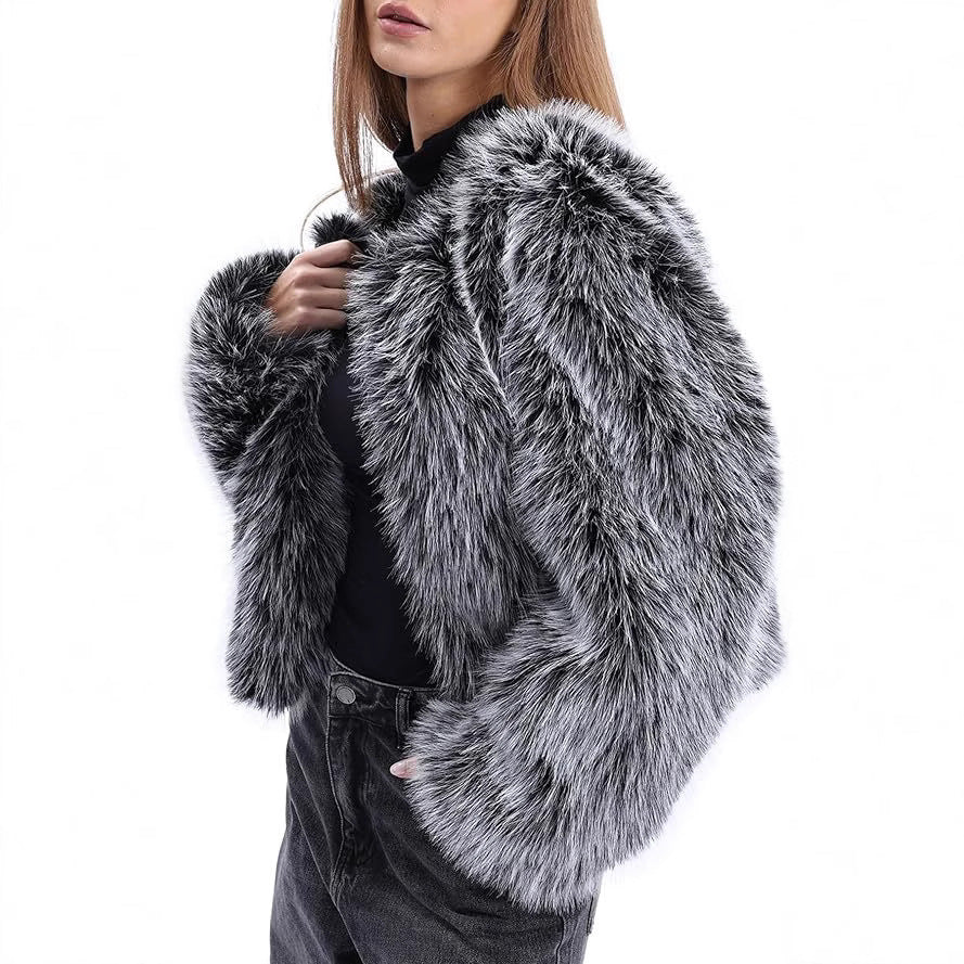 Women's Cropped Faux Fur Jacket with Voluminous Sleeves — variant_front