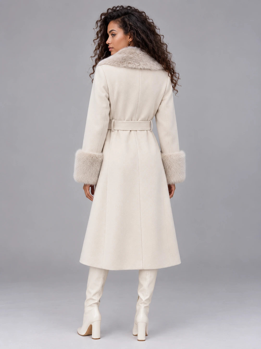 Women’s Faux Fur Collar Coat – Belted Double Breasted Long Winter Coat — gallery_02.webp