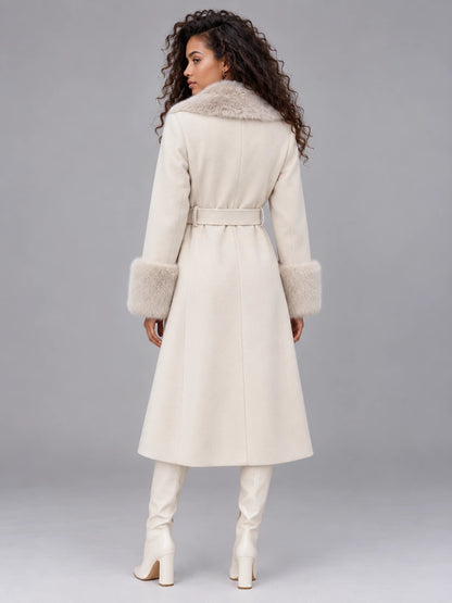Women’s Faux Fur Collar Coat – Belted Double Breasted Long Winter Coat — gallery_02.webp