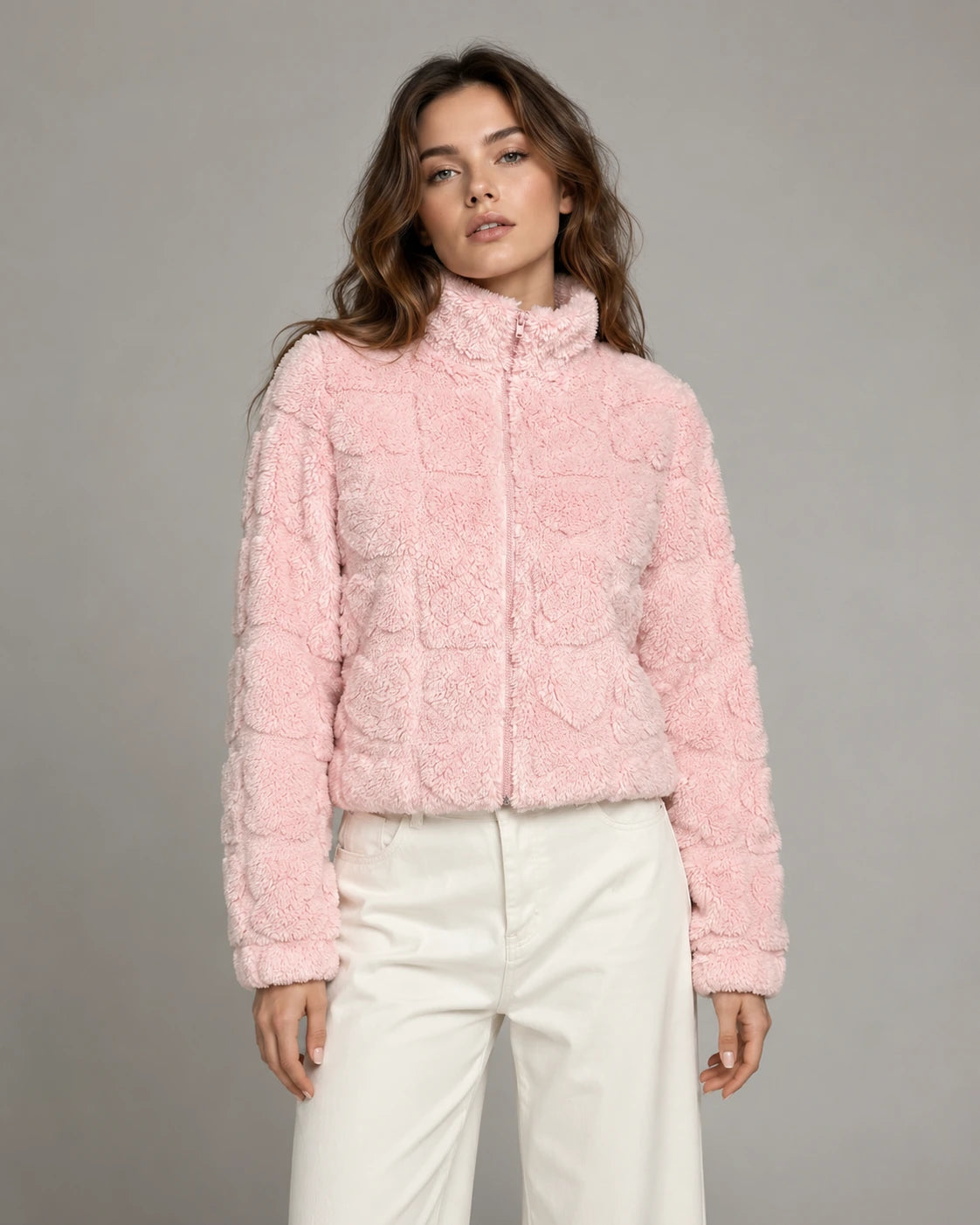 Pink Heart Teddy Fleece Zip Up Jacket — gallery_01.webp