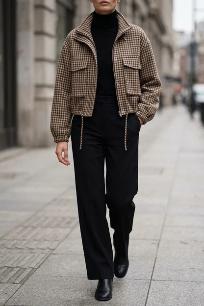 Women's Vintage British Houndstooth Jacket - Short Zip-Up Blazer with Stand Collar, Loose Fit Short Length, Zippered Outerwear Suitable for Spring/Autumn, Casual Office Wear, Machine Washable Houndstooth Suit — variant_front