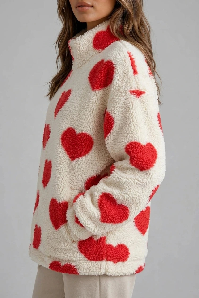Women’s Heart Print Teddy Fleece Jacket – Zip Up Relaxed Fit Sherpa — variant_front