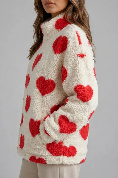 Women’s Heart Print Teddy Fleece Jacket – Zip Up Relaxed Fit Sherpa — variant_front
