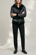Shearling biker jacket with asymmetric zip and stand collar