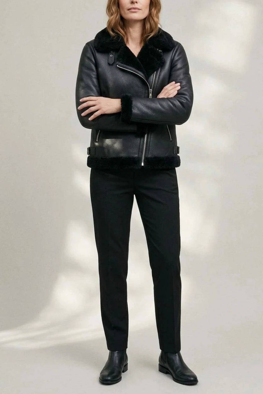Noirellé – Asymmetric zip – Shearling biker jacket — variant_front