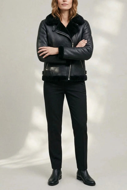 Noirellé – Asymmetric zip – Shearling biker jacket — variant_front
