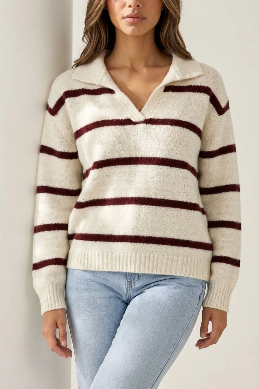 Women's Wool Striped Jumper, Collared V-Neck Long Sleeve Knit — variant_front