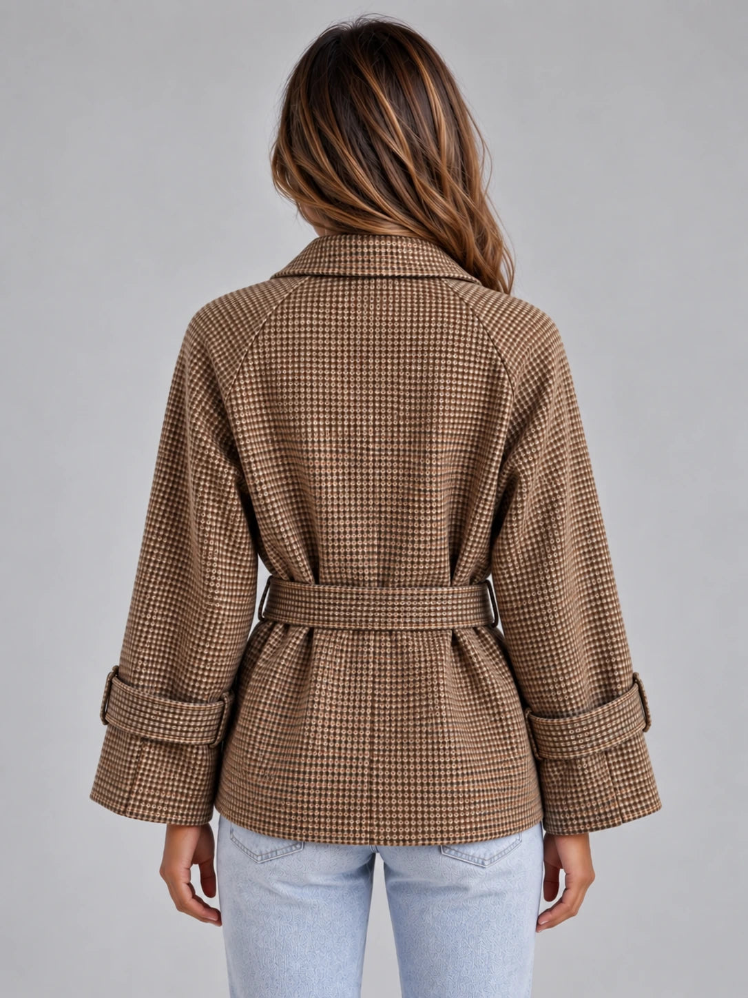 Women’s Short Trench Coat – Double Breasted Belted Jacket with Check Pattern — gallery_02.webp
