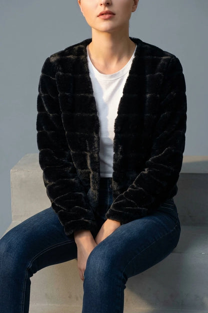 Winter Warm Cropped Collarless Faux Fur Fluffy Jacket — variant_front