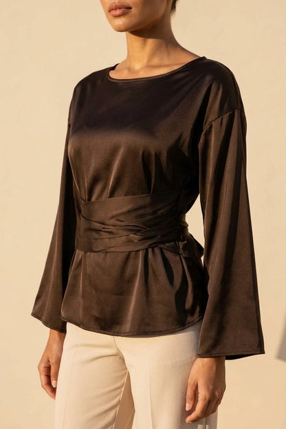Women’s Satin Look Tie Waist Blouse – Long Sleeve Draped Evening Top — variant_front