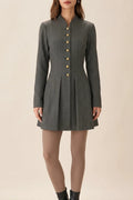 Grey Button Pleated Mini Dress Long Sleeve Fitted Waist Mandarin Collar