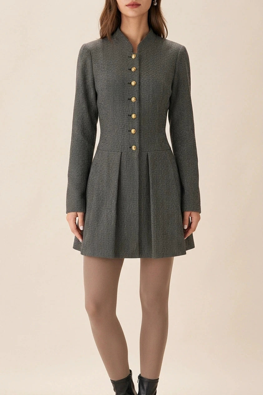 Grey Button Pleated Mini Dress Long Sleeve Fitted Waist Mandarin Collar