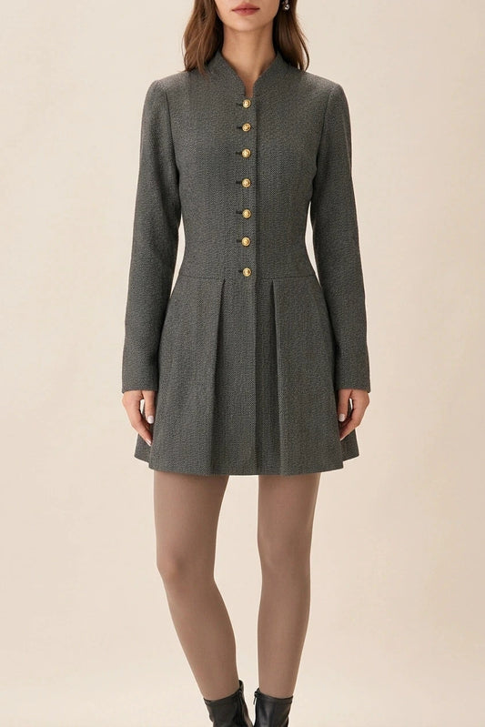 Grey Button Pleated Mini Dress Long Sleeve Fitted Waist Mandarin Collar