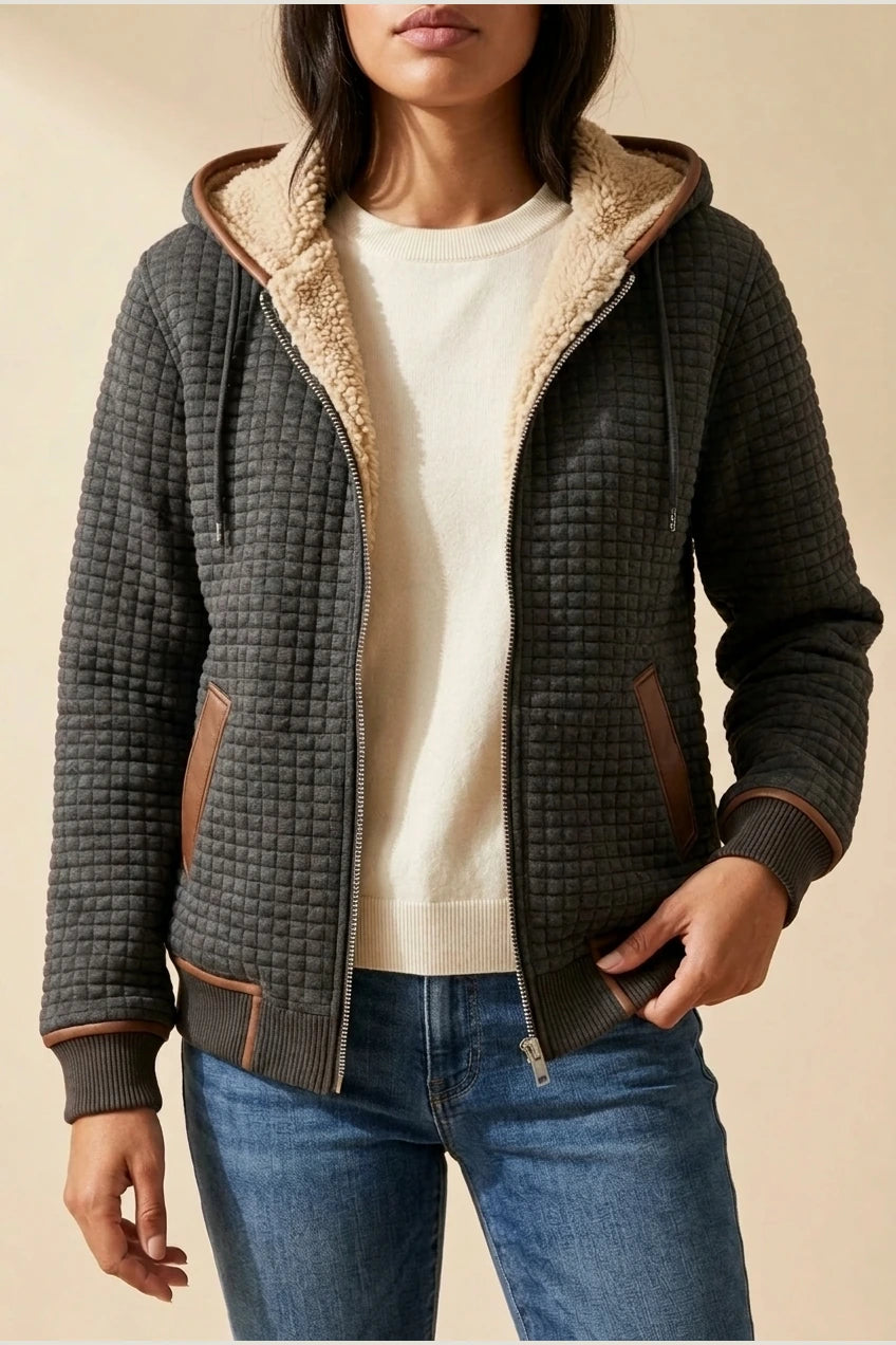 Warm Hooded Quilted Jacket with Sherpa Lining and Brown Contrast Trim — variant_front