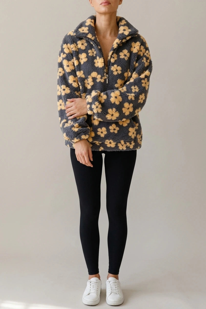 Oversized Floral Teddy Fleece Jacket with Half Zip — variant_front