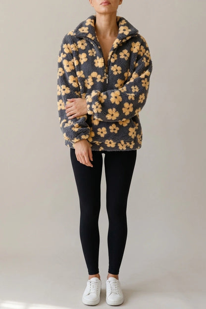 Oversized Floral Teddy Fleece Jacket with Half Zip — variant_front