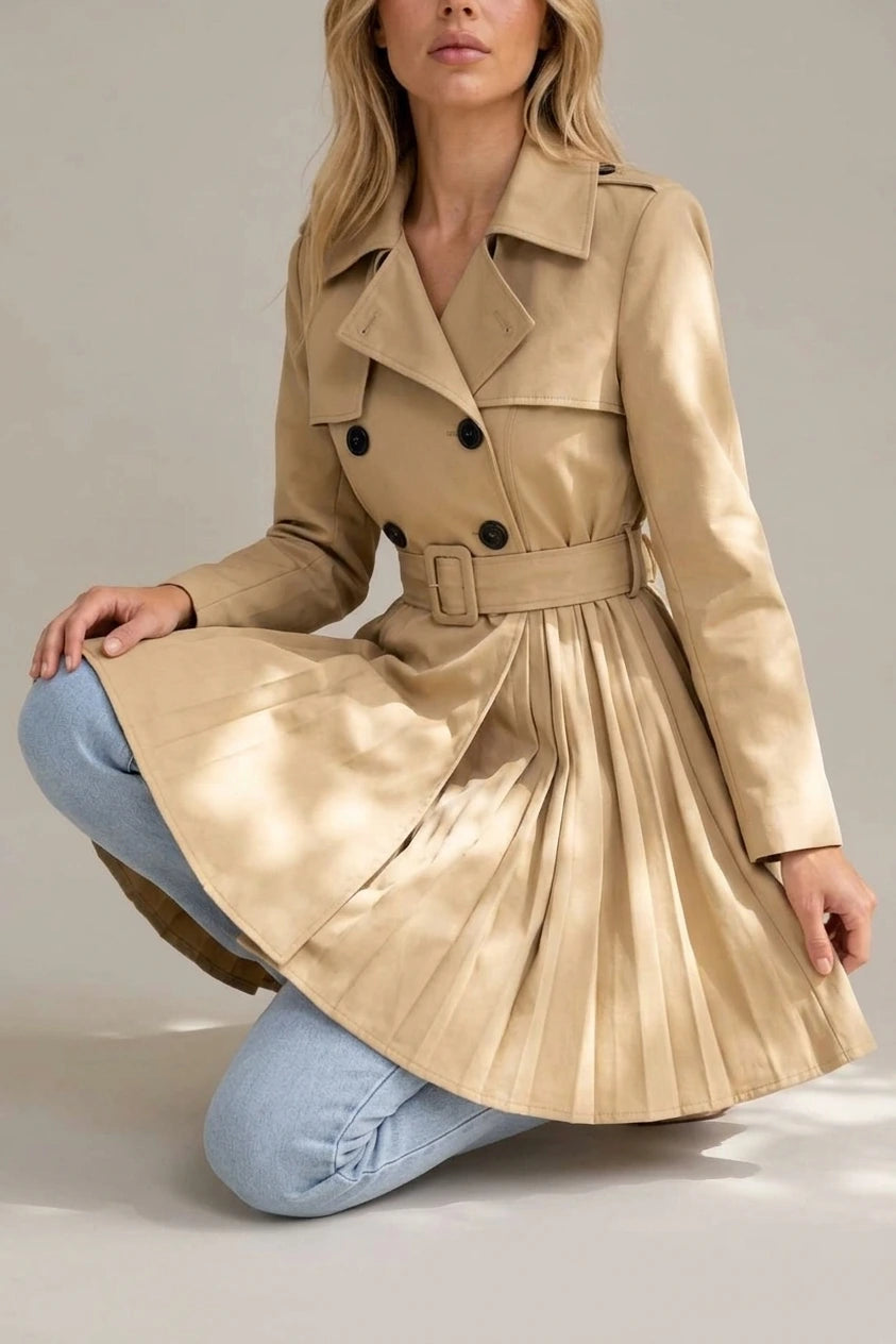 Women’s Pleated Skirt Trench Coat – Double Breasted Belted Jacket — variant_front