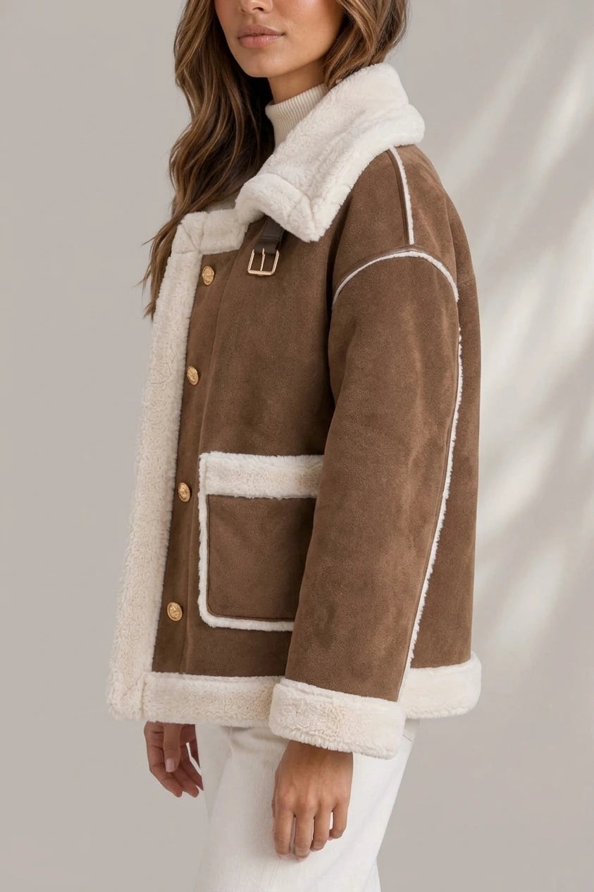 Women’s Faux Shearling Suede Look Jacket – Aviator Style Coat — variant_front