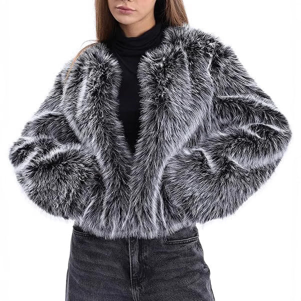 Women's Cropped Faux Fur Jacket with Voluminous Sleeves — variant_front
