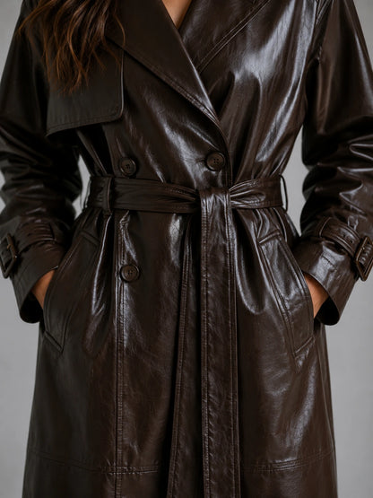 Women’s Leather Look Trench Coat – Long Double Breasted Belted Jacket — gallery_05.webp
