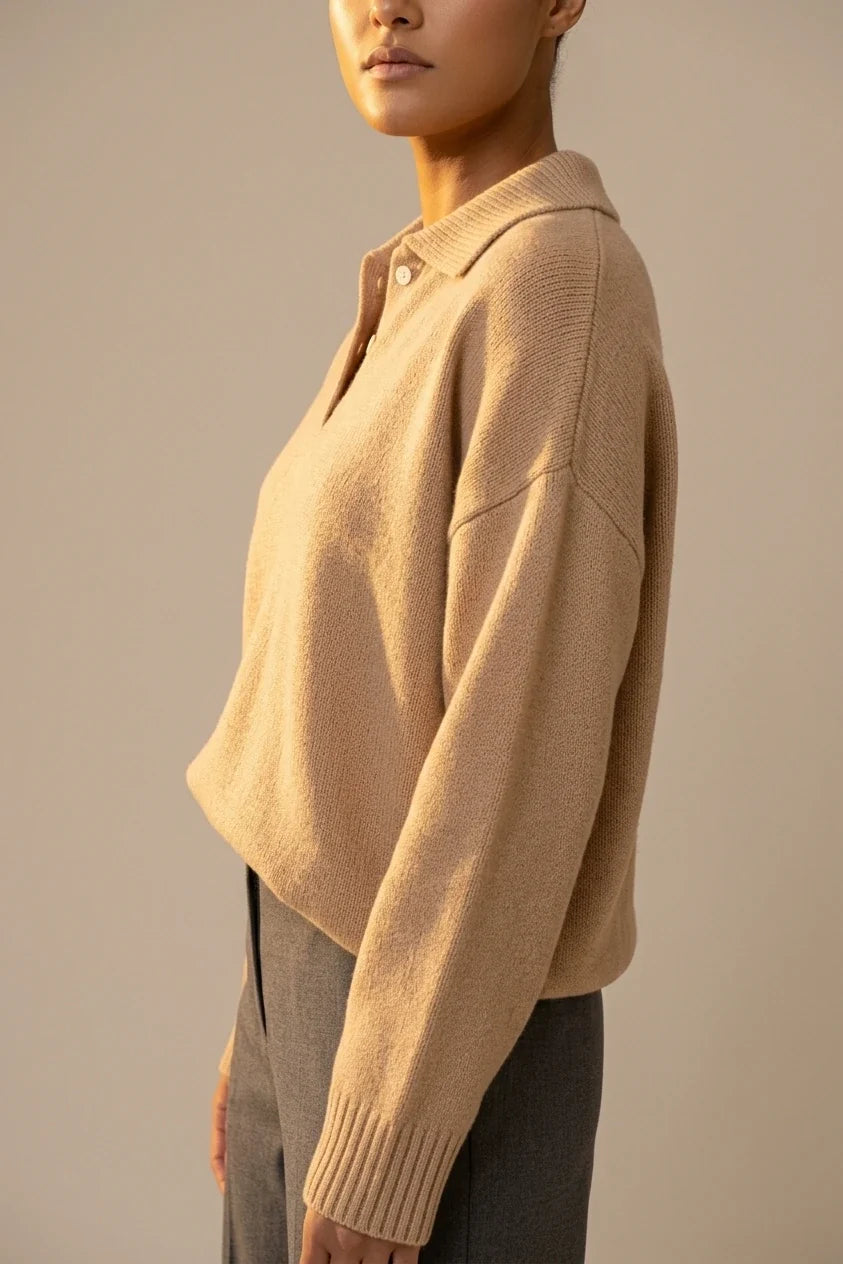 [ASD1] Women'S Elegant Casual Cute Sexy Lapel Solid Color Polo Neck Button Soft Warm Long Sleeve Sweater Pullover Basic Style Sweater — variant_front